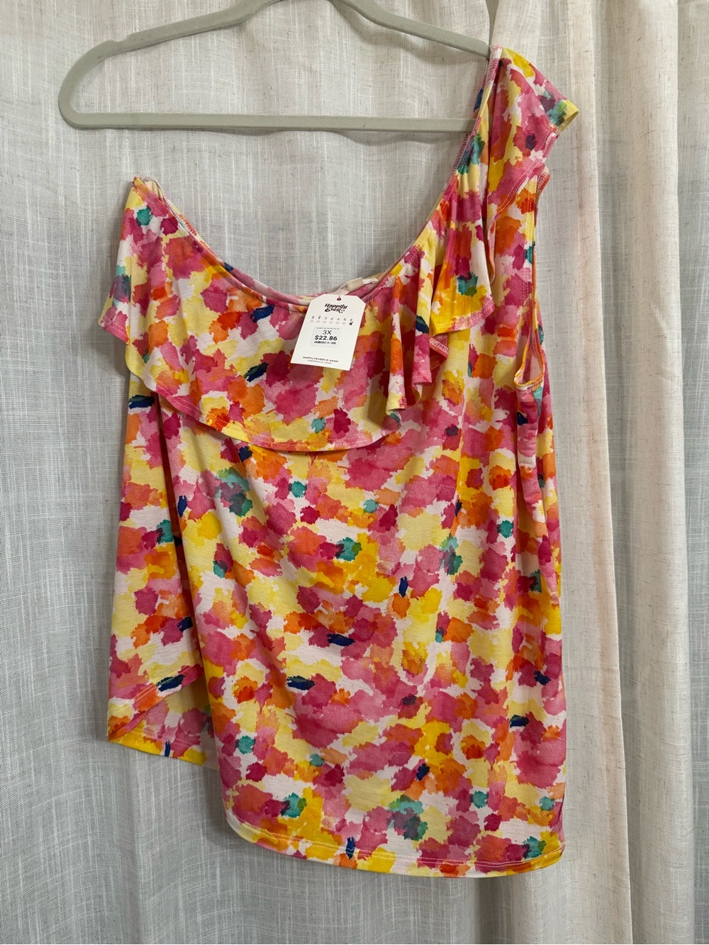 One-Shoulder Ruffle Top in Multi Pink and Yellow 3XL